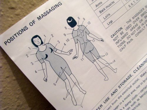 Hitachi manual with a diagram of "positions of massaging" on the body.