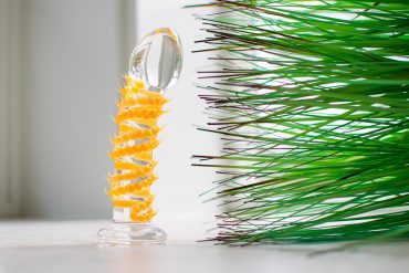The Taffy Tickler Silicone Sweets glass dildo, covered in little orange spikes, standing upright near some pointy green fake grass.