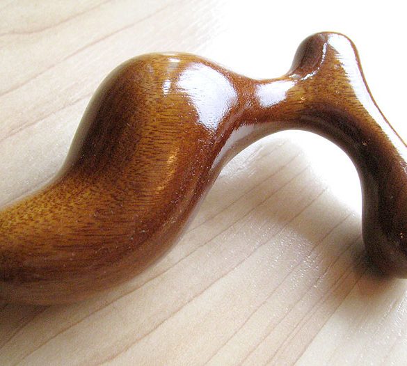 Romp butt plug in gorgeous honey-colored Mora wood.