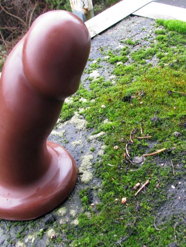 Vixen Creations Randy dildo in the chocolate color, chilling with some moss on my patio.