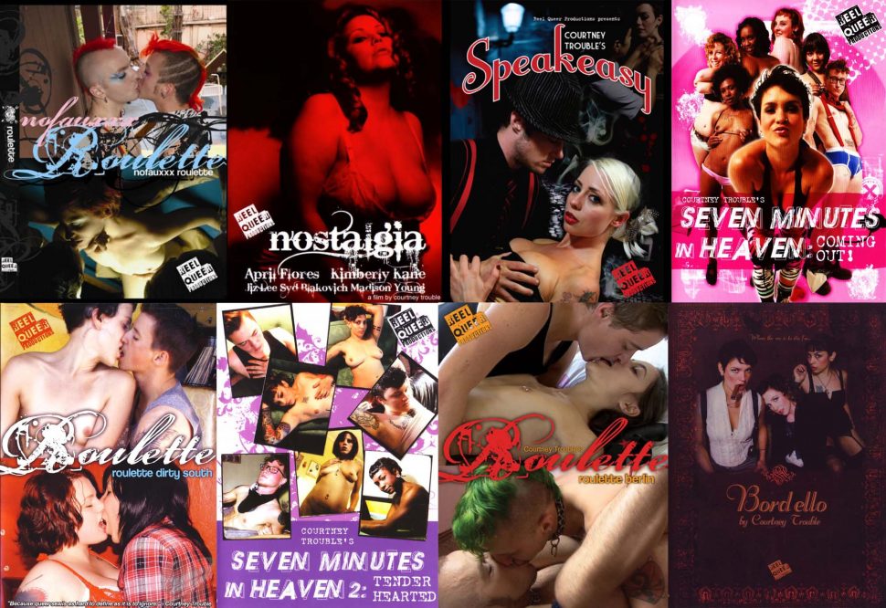 A collage of eight of Courtney Trouble's queer porn film DVD covers.
