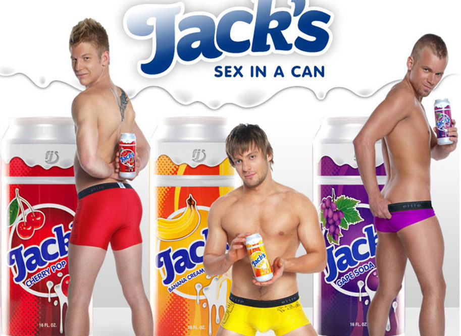 Three underwear-clad gay dudes advertising Jack's Soda Sex in a Can series.