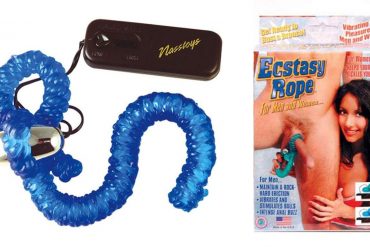 Nasstoys Ecstasy Rope, which resembles a blue jelly snake with a vibrator attached, with its packaging.