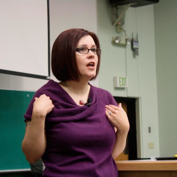 Tristan Taormino lecturing at a university. Strangely, the room seems not to have exploded the moment she opened her mouth?
