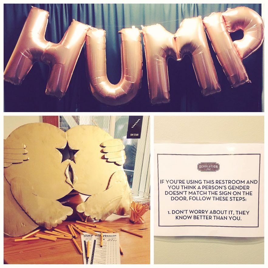 Collage of things you see at HUMP: a big inflatable HUMP sign, a cardboard butthole for people to put their ballots in, and an inclusive sign on the bathroom.
