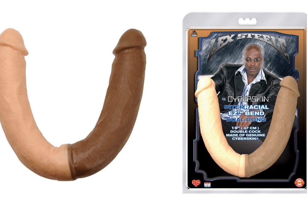 Why why why why why why. A double-ended dildo, in which one side is cream-colored, and the other is chocolate-colored.