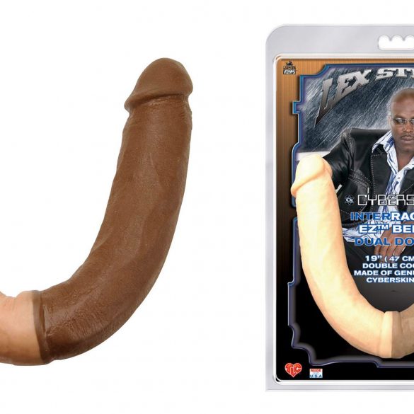 Why why why why why why. A double-ended dildo, in which one side is cream-colored, and the other is chocolate-colored.