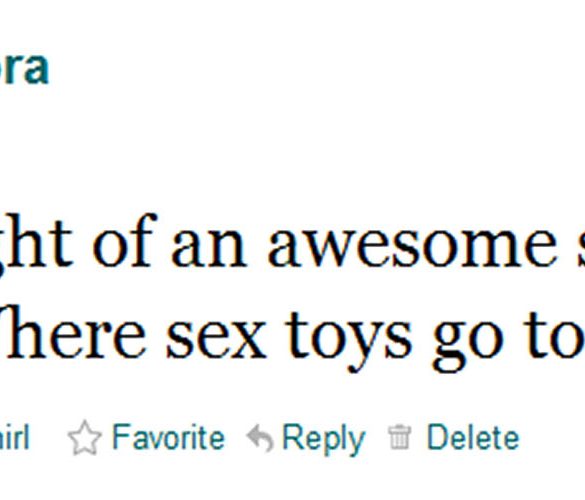 Tweet reads, "I just thought of an awesome slogan for my site: 'Where sex toys go to be judged.'"