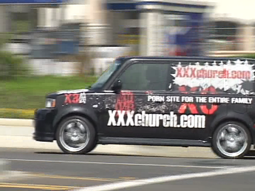 The XXXChurch car, which looks like it's advertising an energy drink or somethnig.