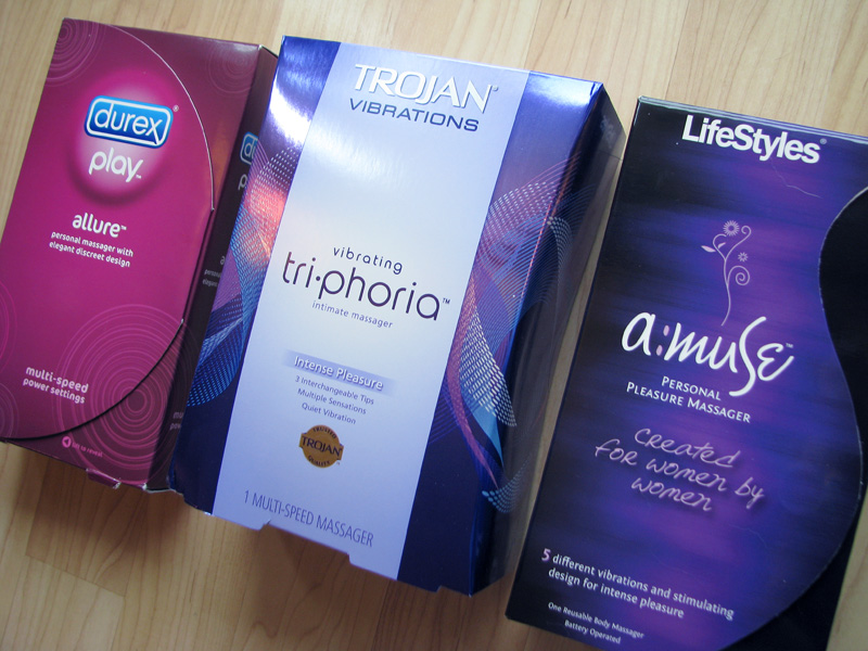 Inoffensive packaging for Durex Allure, Trojan Tri-Phoria, and LifeStyles A:Muse