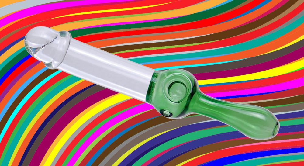 Pipedream Original Peter Piper pipe/dildo hybrid against a psychedelic rainbow background.