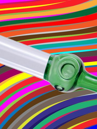 Pipedream Original Peter Piper pipe/dildo hybrid against a psychedelic rainbow background.