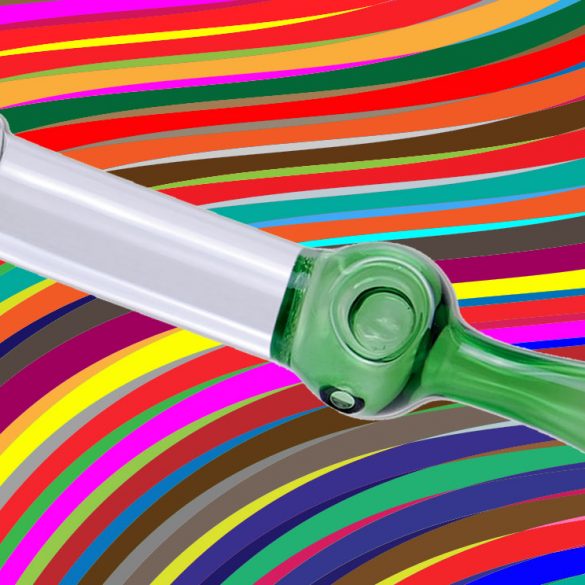 Pipedream Original Peter Piper pipe/dildo hybrid against a psychedelic rainbow background.