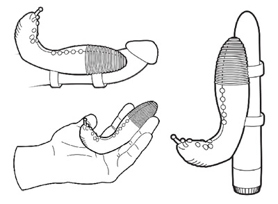 Diagrams showing how to use the Sexpander, by strapping it to a penis, a vibrator, or your hand. IT LOOKS LIKE A DAMN SLUG.