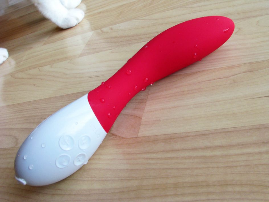 LELO Mona 2 vibrator on a hardwood floor with some kitty feet in the background.
