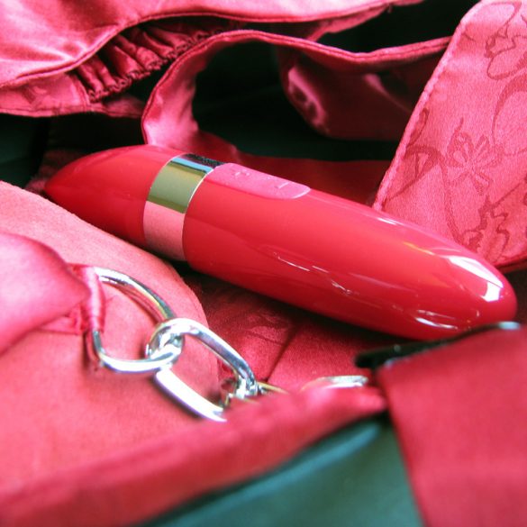 LELO Mia 2 in the Adore Me Pleasure Set, lots of red satin-y stuff surrounding the vibrator.