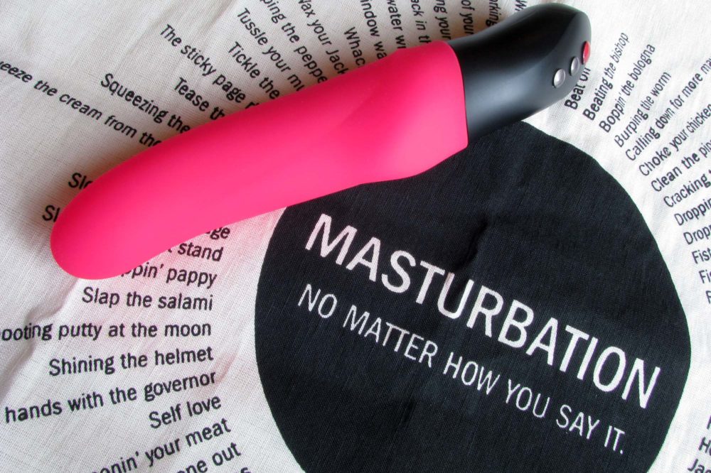 Stronic Eins and the best ever tea towel, which reads "MASTURBATION: NO MATTER HOW YOU SAY IT" with a bunch of euphemisms in a circle around it.