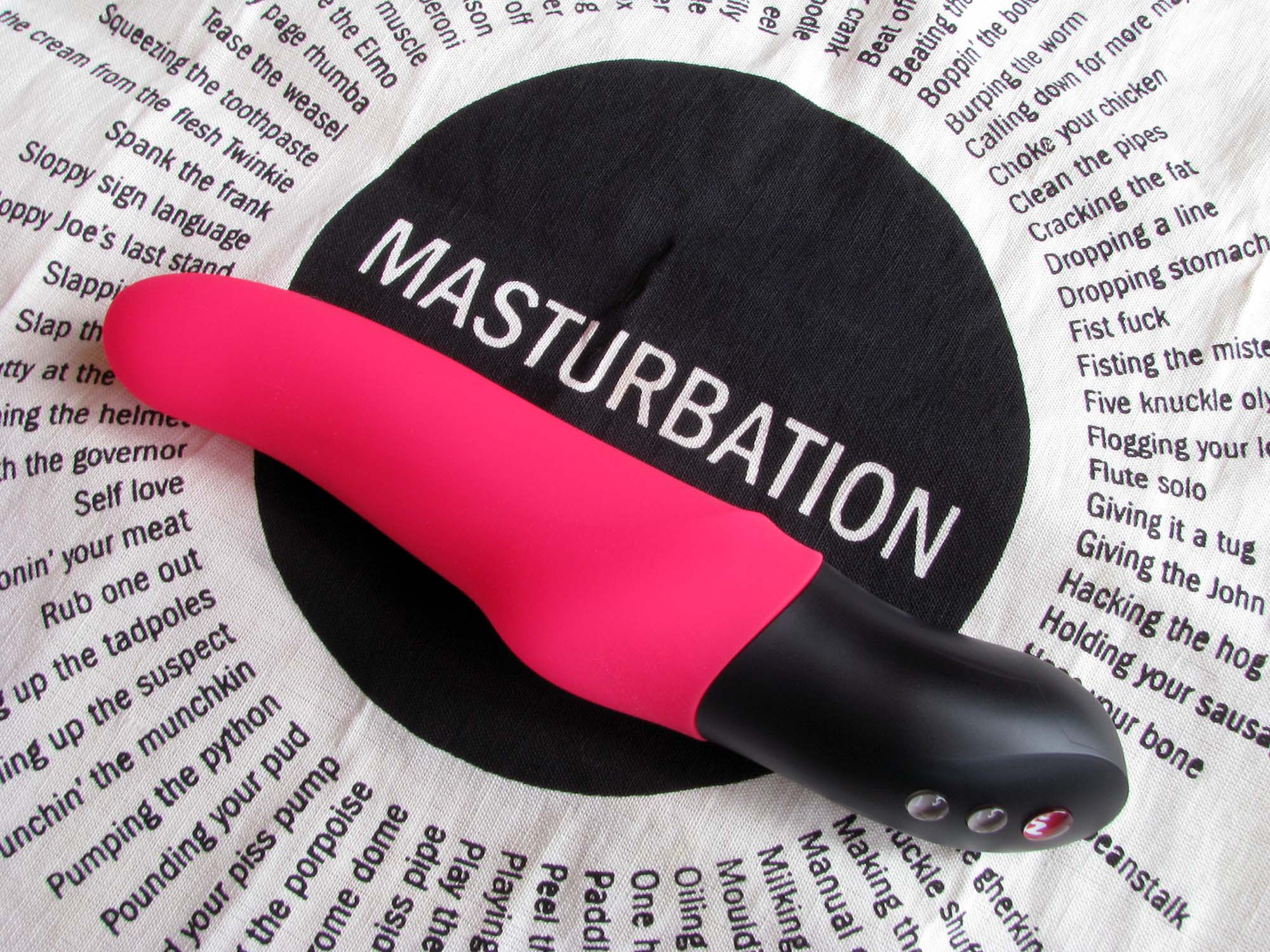 Stronic Eins and the best ever tea towel, which reads "MASTURBATION: NO MATTER HOW YOU SAY IT" with a bunch of euphemisms in a circle around it.