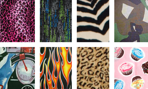 Fabric swatches, from pink leopard to cupcakes to flames to zebra print.