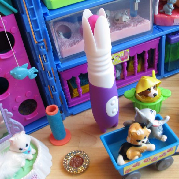 Vibratex Tulip (aka Buzzing Blossom) among... friends? Hanging out with my Littlest Pet Shop toys from childhood.