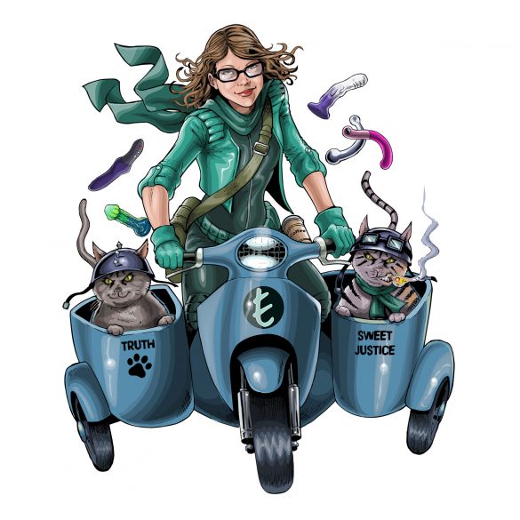 DILDOS A-FLYING next to me as a superhero, with my sidekick cats Truth and Sweet Justice.