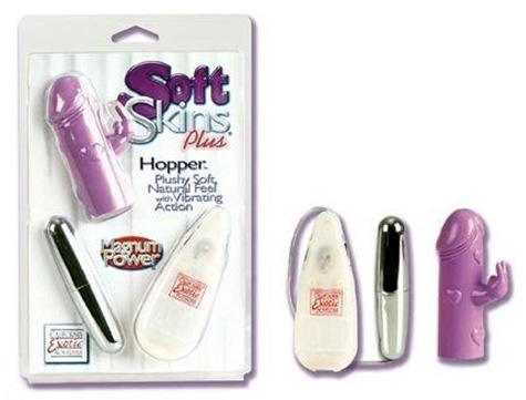 Soft Skins Plus Hopper, a silver bullet type vibrator that comes with a purple sleeve shaped like a penis with a protruding clitoral stimulator.