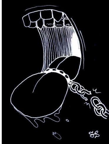 "The Art of Defamation" by Santi Slade. A drawing of a tongue being restrained by a chain.