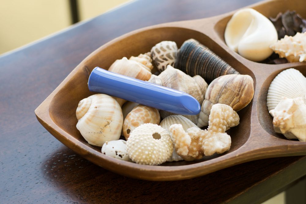 We-Vibe Tango rechargeable bullet vibrator in a wooden bowl full of seashells.