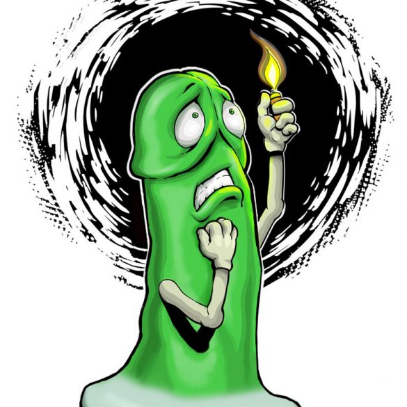 Drawing from SheVibe, of a green Mustang dildo trying to find its way in the dark.