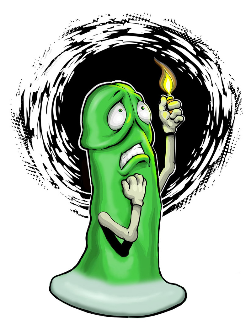 Drawing from SheVibe, of a green Mustang dildo trying to find its way in the dark.