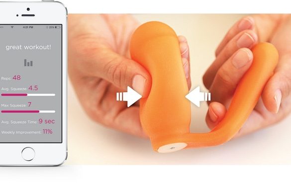 kGoal kegel trainer exerciser sex toy being squeezed, next to its corresponding phone app.