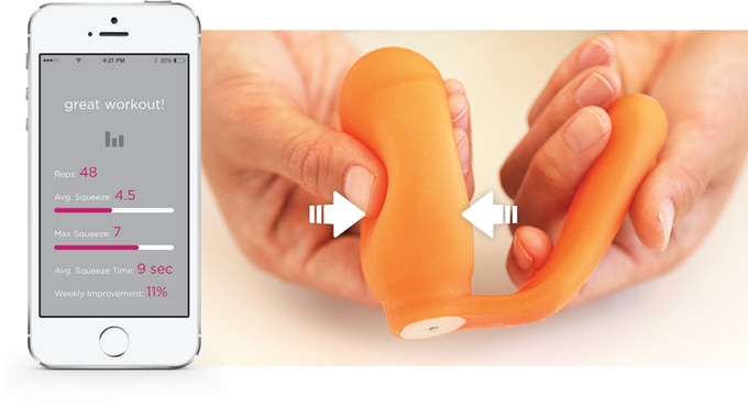 kGoal kegel trainer exerciser sex toy being squeezed, next to its corresponding phone app.