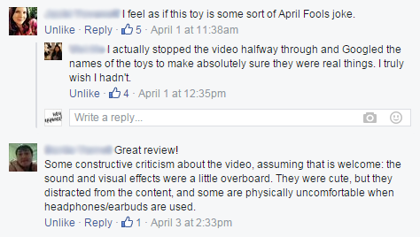 Facebook responses to my video.