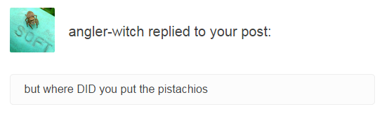 Tumblr reply: "but where DID you put the pistachios"