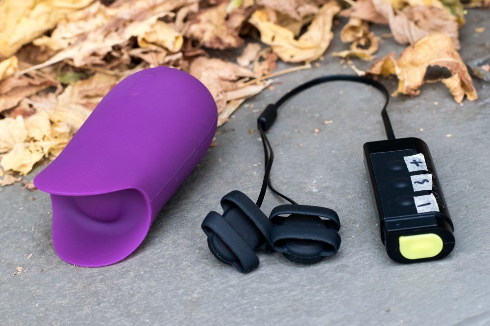 Jimmyjane Form 5 and Hello Touch X vibrators (plus masking tape labels) next to some fall leaves.