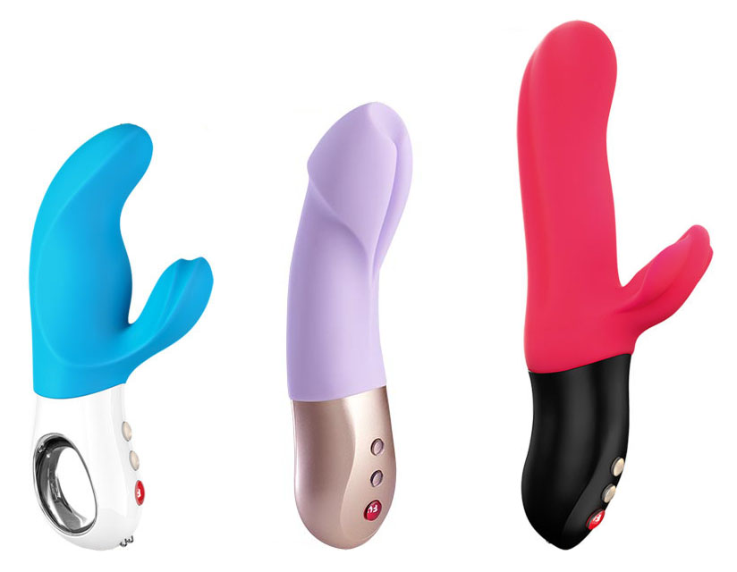 Miss Bi, a dual vibe with two strong-ass motors; Calice, an oddly-shaped mini vibe (my girlfriend: "it's like someone said, make it look like a penis AND a vulva"), and Bi Stronic Fusion,