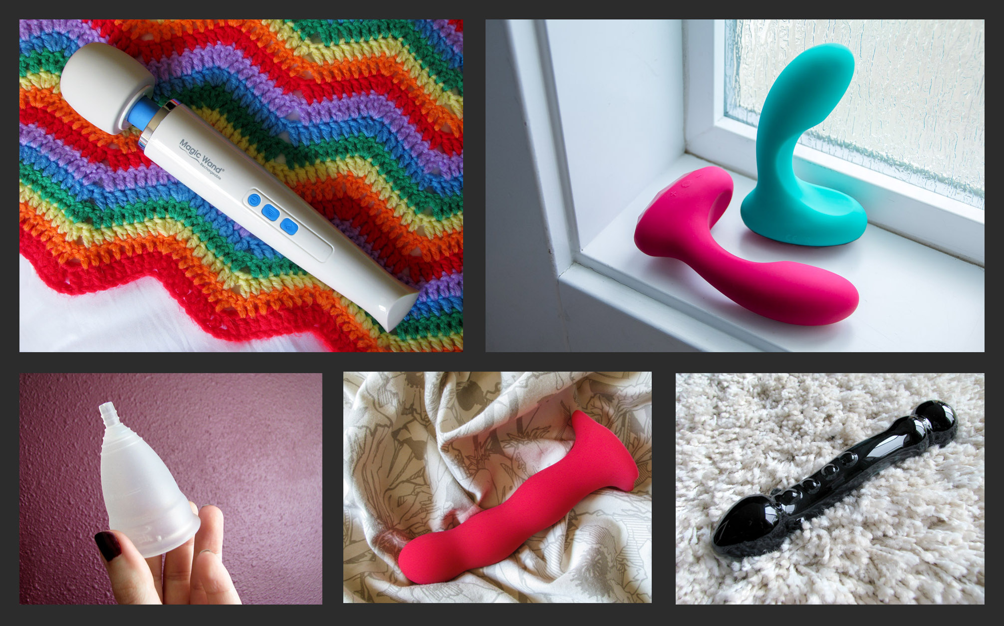 Hitachi Magic Wand Rechargeable vibrator on a zig-zag-patterned rainbow crocheted blanket.