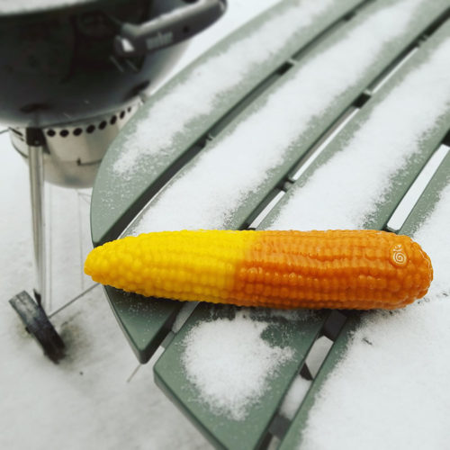 My SelfDelve Corn on the Cob in the snow, demonstrating the color changing effect. Half of it is bright yellow, the other half is a muted orange.