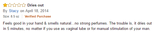 Amazon review of Sliquid H2O lube, complaining it dries out "no matter if you use as vaginal lube or for manual stimulation of your man"