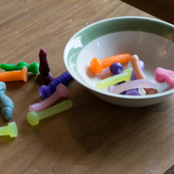 Tiny dildos in a bowl.