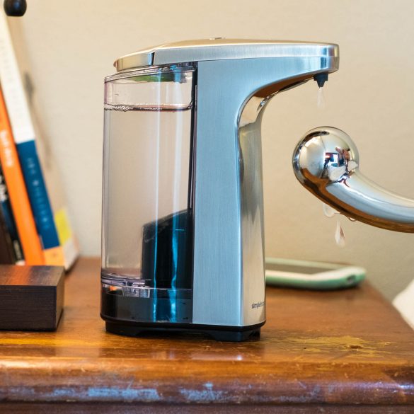 The simplehuman Sensor Pump on my nightstand, squirting lube onto my Pure Wand.