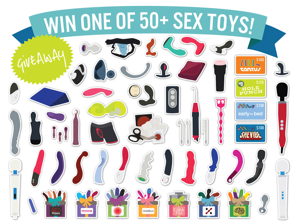 This giveaway has everything: vibrators, dildos, butt stuff, harnesses, pen...