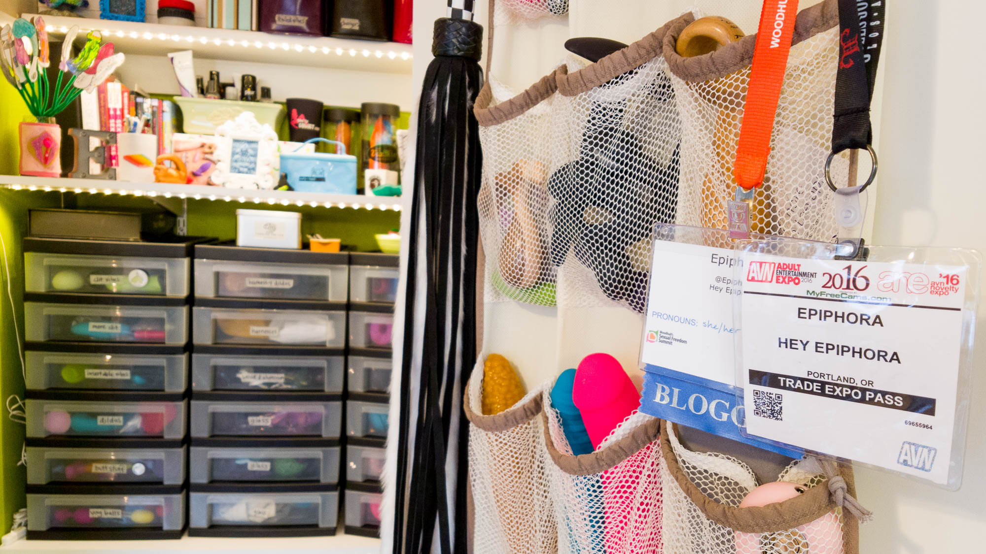 Entrance to the closet, showing off my badges from conferences that are hanging on the door.