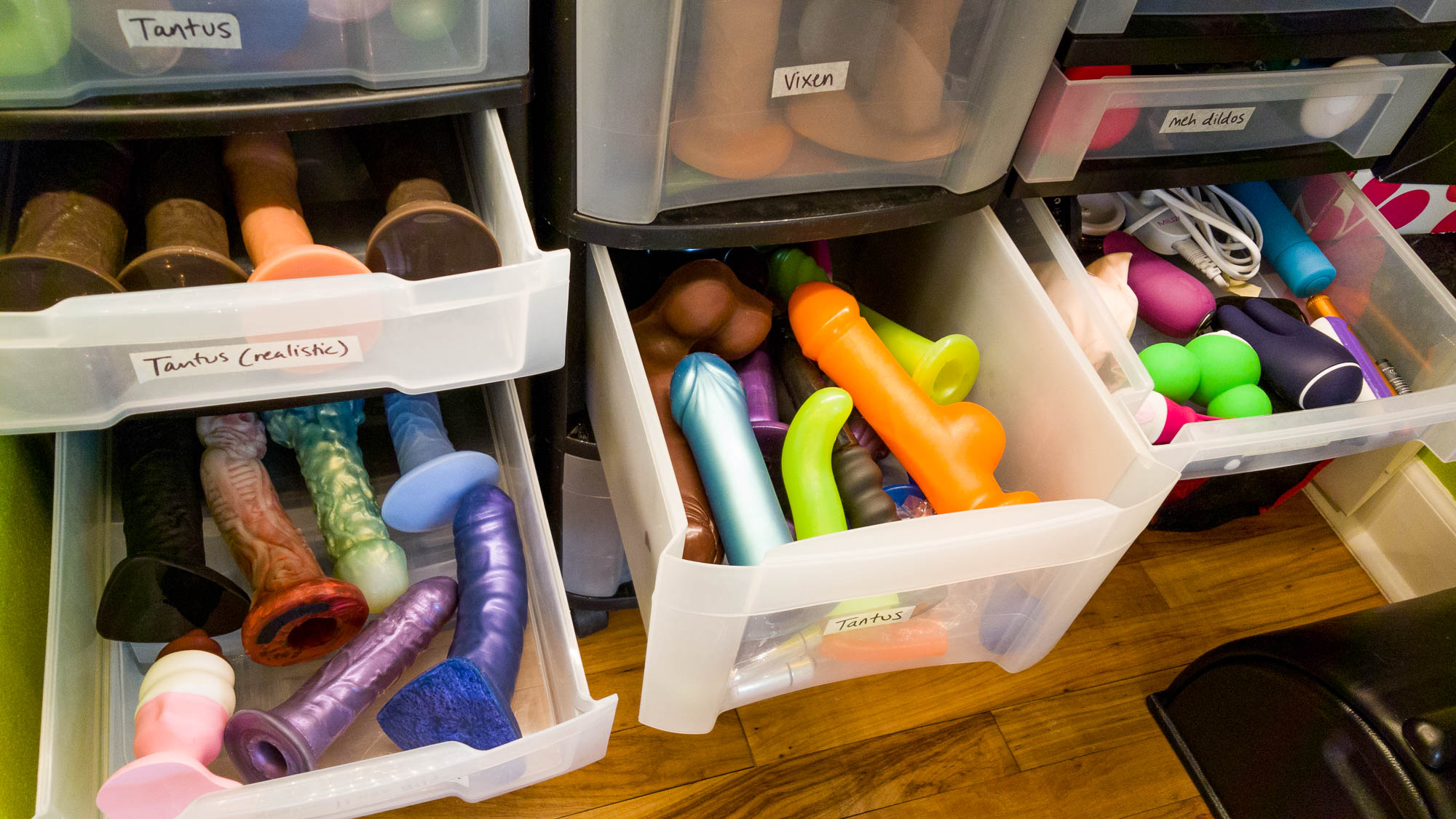 Dildo drawers in my sex toy closet.