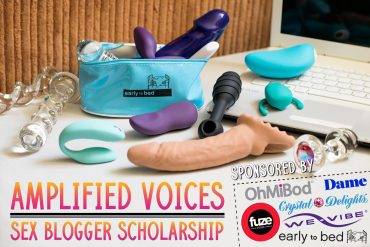 Graphic advertising the Amplified Voices Sex Blogger Scholarship, sponsored by Early to Bed, Fuze, We-Vibe, Dame, Crystal Delights, and OhMiBod.