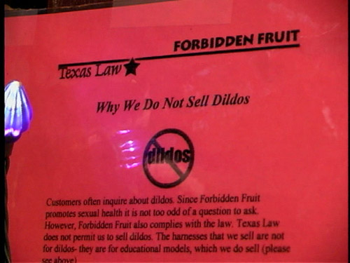 Sign at Forbidden Fruit sex shop: "Why We Do Not Sell Dildos."