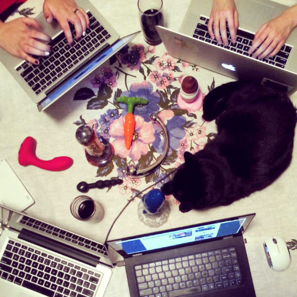 Circle of laptops at #dildoholiday, with sex toys and cat in the middle.