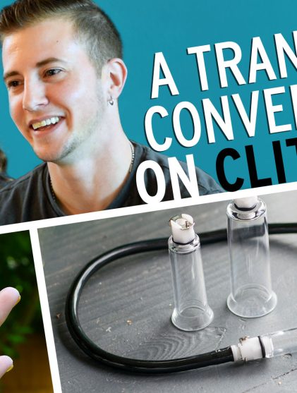 Graphic showing me and Sid from the video, plus a shot of me suctioning skin on my hand, and a photo of the clit pump itself.