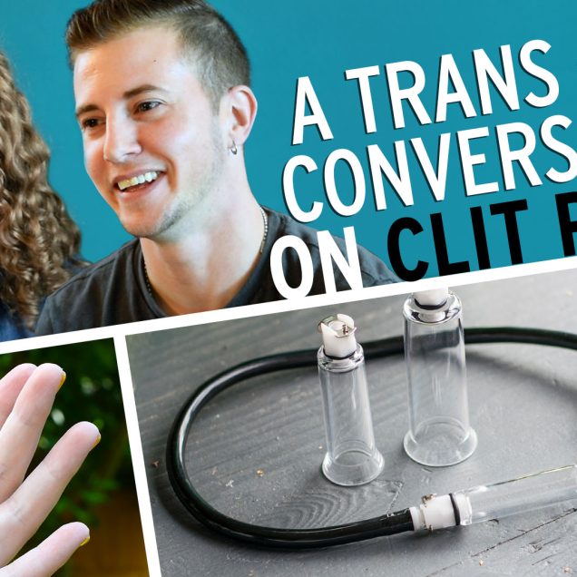 Graphic showing me and Sid from the video, plus a shot of me suctioning skin on my hand, and a photo of the clit pump itself.
