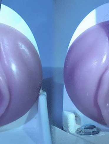 Two Fleshlights (with vulvas) side by side, with a vibe on each clit.